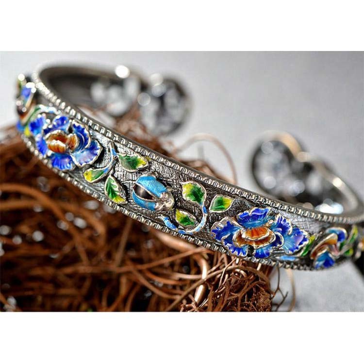 925 Silver Colorful Enamel Cuff Bracelet Vintage Jewelry for Women (B6050602)