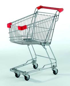 China Small Supermarket Shopping Cart 60L Metal Wire Basket Trolley With Wheels wholesale