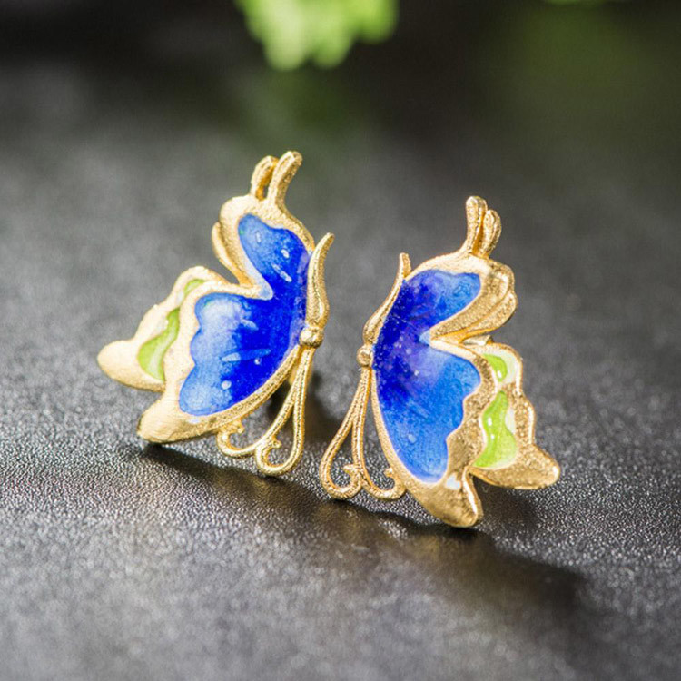 Women Fashion Blue Enamel Sterling Silver Stud Earrings with 18K Gold Plated (E6050603)