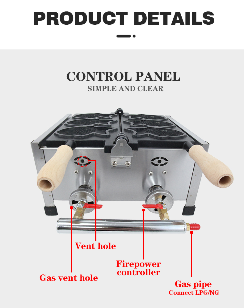 Taiyaki Making Machine 6 PCS Fish Taiyaki LPG Type Fish Waffle Maker 470x380x210mm