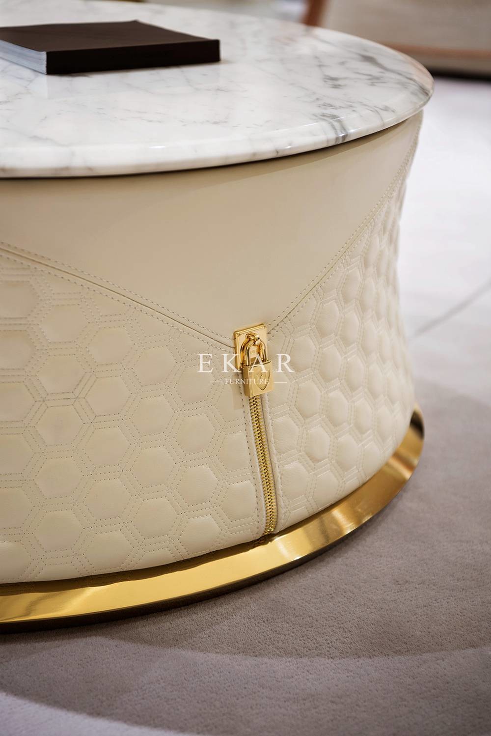 Black And White Leather Marble Top Round Coffee Table W002H2