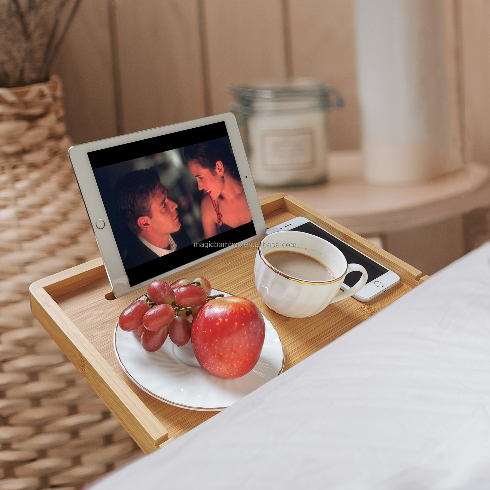 Bamboo Bedside Board Shelf With Mobile Phone Tablet Holder for Other Home Storage Organization