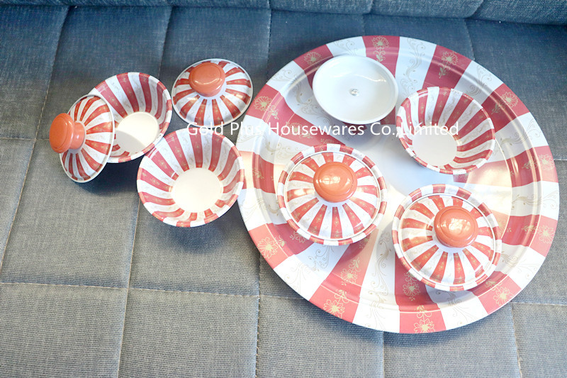 Small size home decoration stainless steel round snack bowls 5 pcs snack platter with steel tray