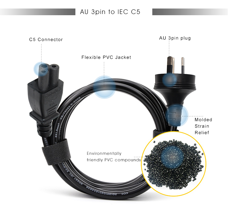 SAA Certified AU Plug to IEC C5 Power Cord 1.8m Black