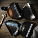 Decorated 9" Black Porcelain Dishes Half Moon Shape FDA EU Approved
