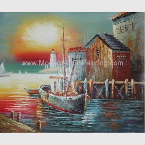 China Sunrise Senery Orange Boats Oil Painting Sailboat Canvas Art For Parlour wholesale