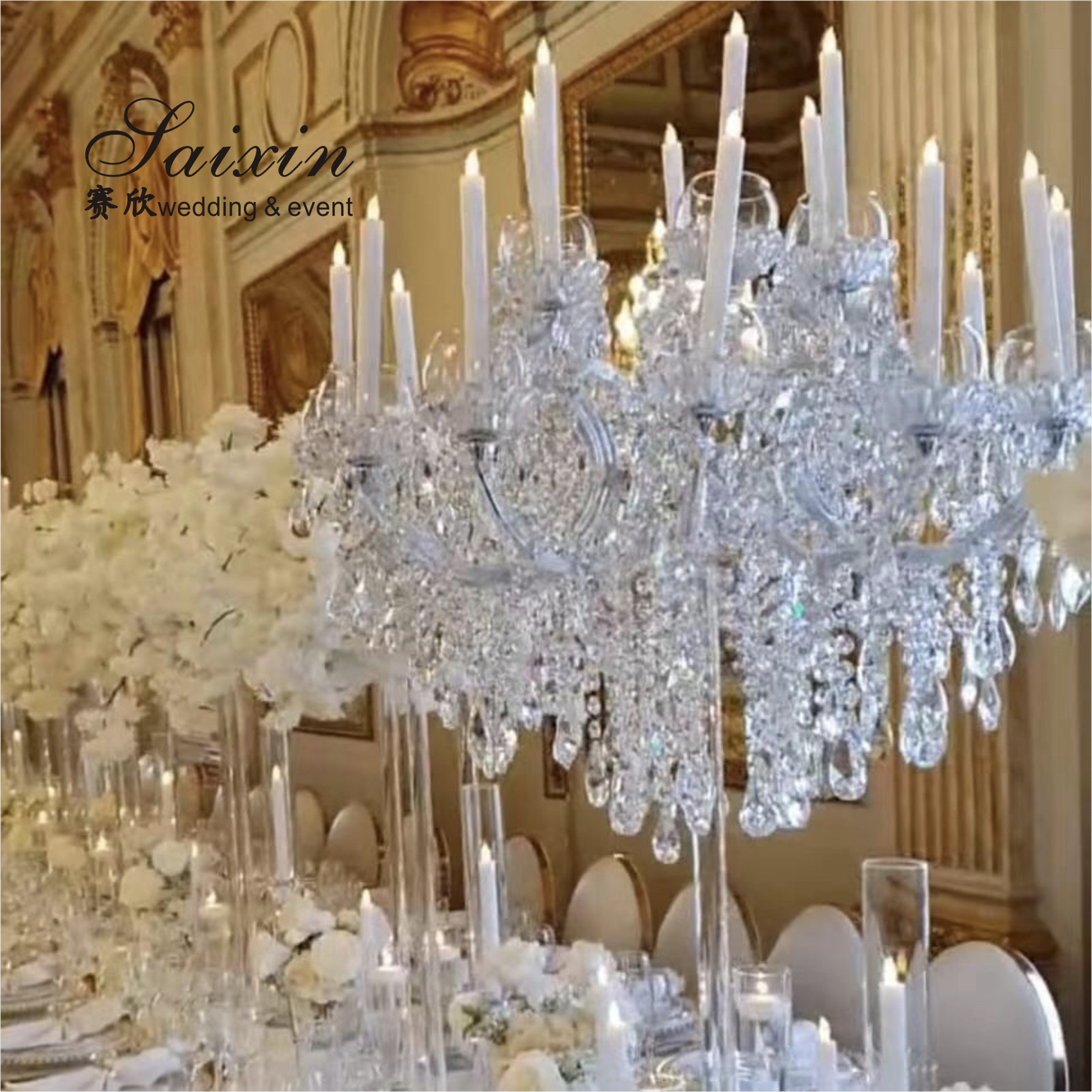 7 Arms Crystal Taper Candle Holders Event Table Decorations With Glass Tubes 50cmx70cm